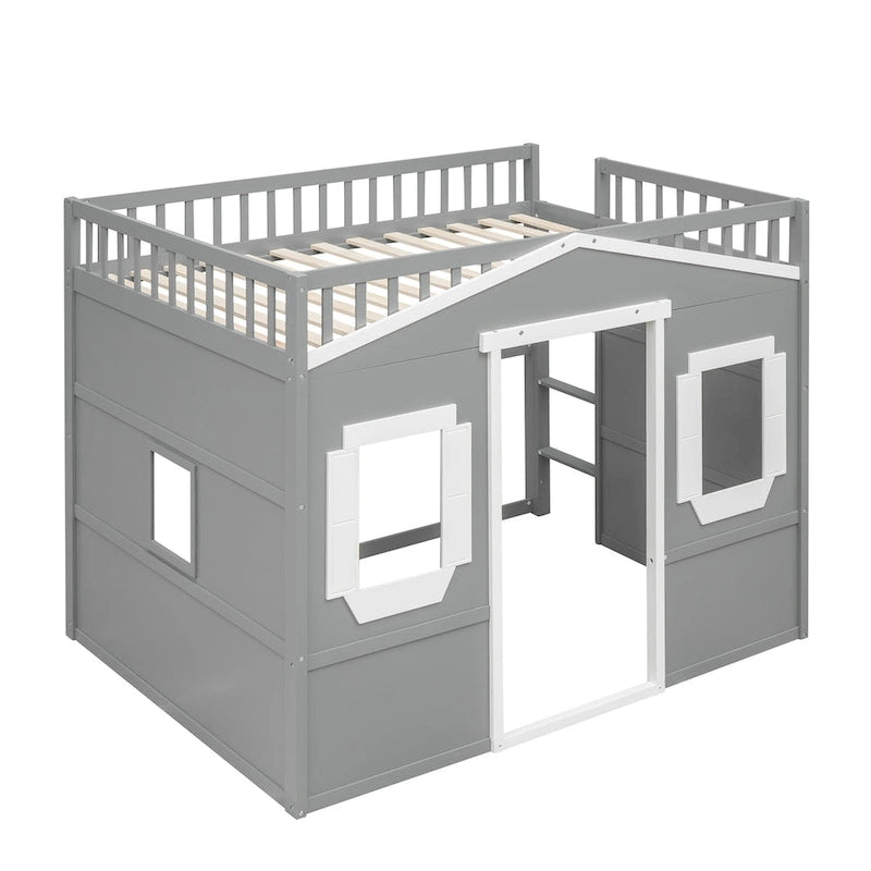 Solid Wood Full Size House Loft Bed with Ladder and Underbed Gaming Space