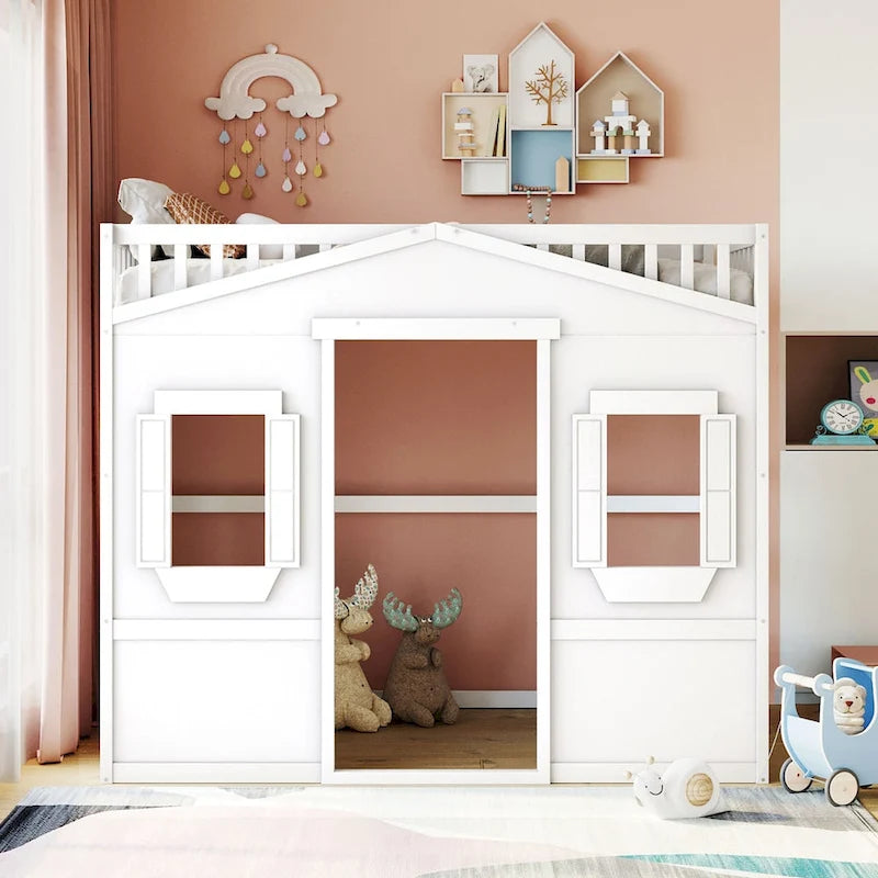 Solid Wood Full Size House Loft Bed with Ladder and Underbed Gaming Space