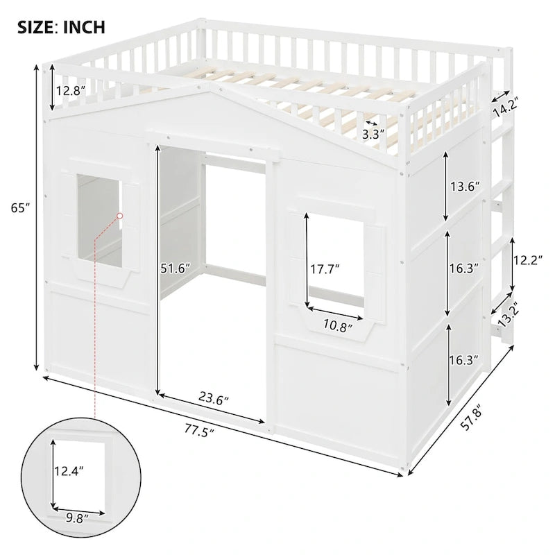 Solid Wood Full Size House Loft Bed with Ladder and Underbed Gaming Space