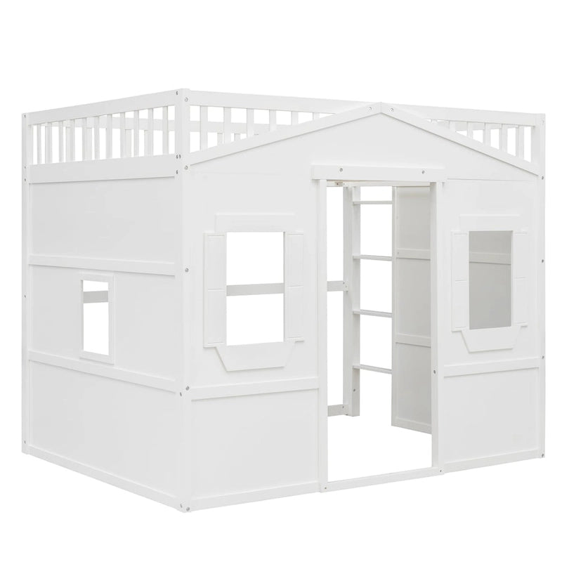 Solid Wood Full Size House Loft Bed with Ladder and Underbed Gaming Space