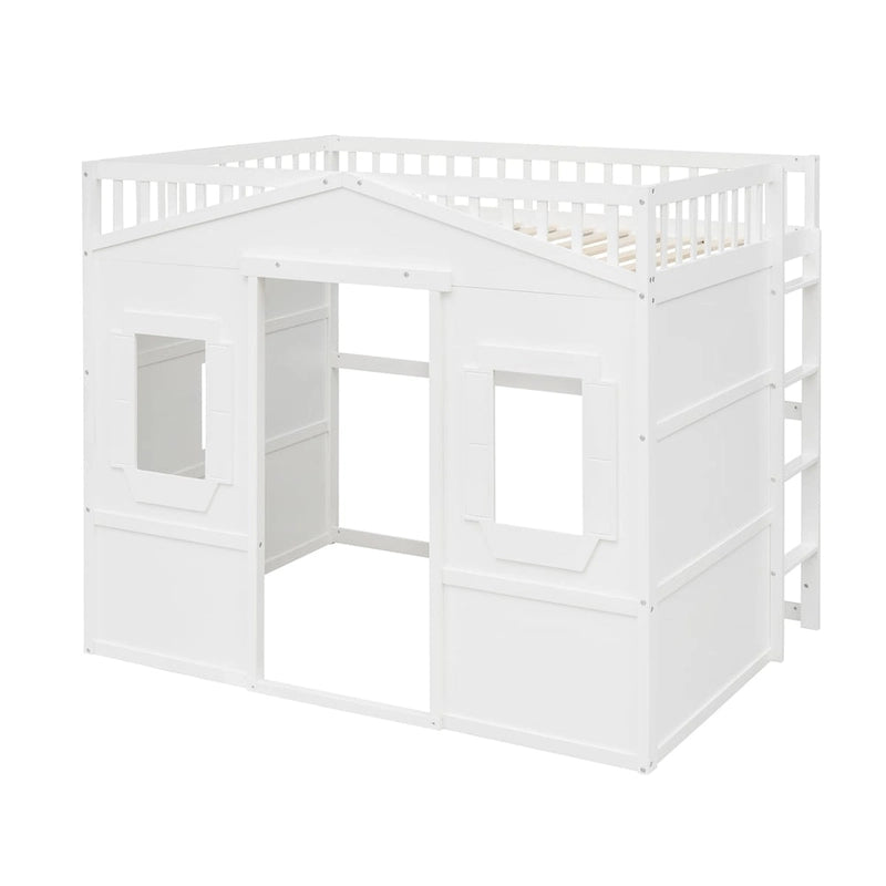 Solid Wood Full Size House Loft Bed with Ladder and Underbed Gaming Space