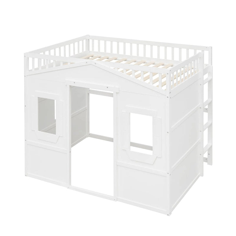 Solid Wood Full Size House Loft Bed with Ladder and Underbed Gaming Space