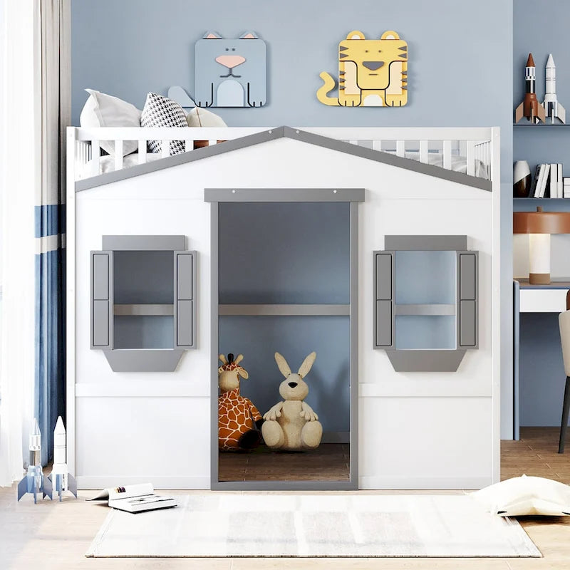Solid Wood Full Size House Loft Bed with Ladder and Underbed Gaming Space