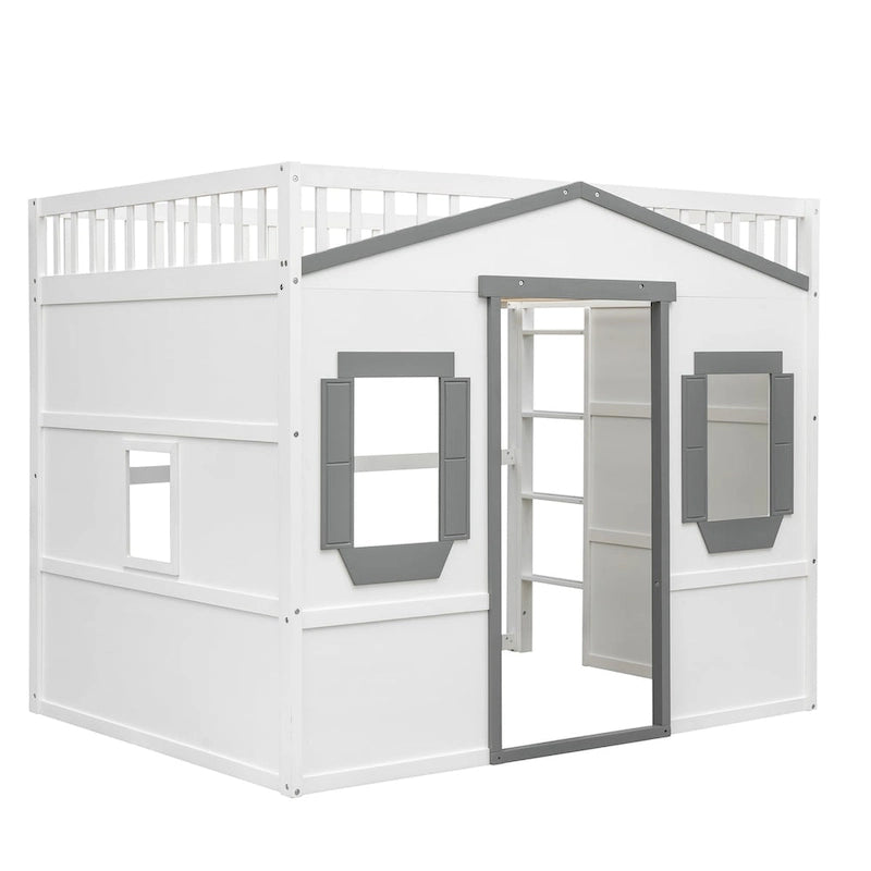 Solid Wood Full Size House Loft Bed with Ladder and Underbed Gaming Space