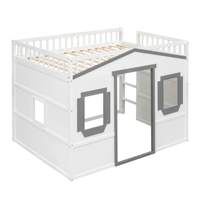 Solid Wood Full Size House Loft Bed with Ladder and Underbed Gaming Space