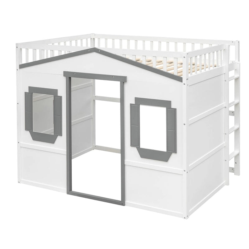 Solid Wood Full Size House Loft Bed with Ladder and Underbed Gaming Space