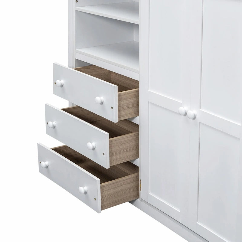 Full Size Loft Bed with Wardrobe, Desk, Storage Shelves, and Drawers