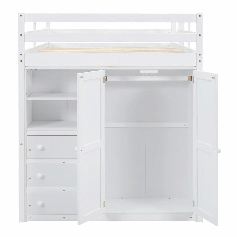 Full Size Loft Bed with Wardrobe, Desk, Storage Shelves, and Drawers