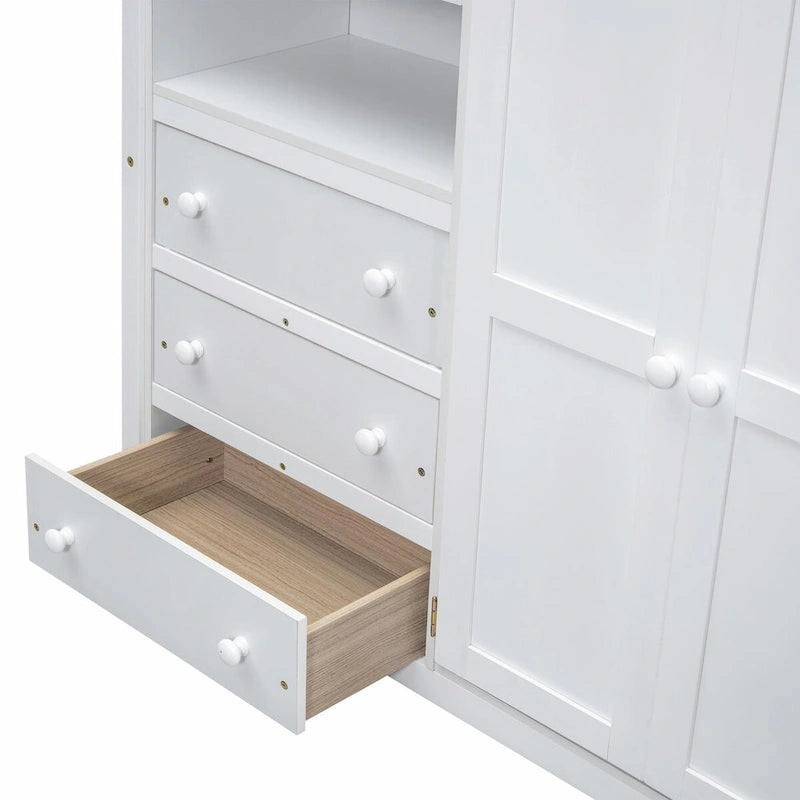 Full Size Loft Bed with Wardrobe, Desk, Storage Shelves, and Drawers