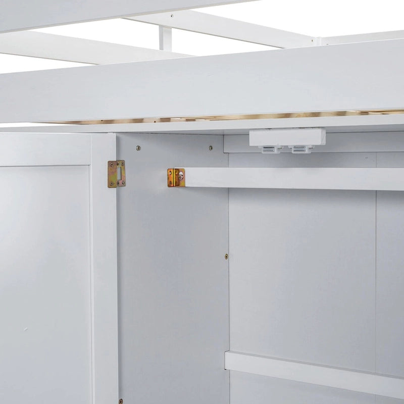 Full Size Loft Bed with Wardrobe, Desk, Storage Shelves, and Drawers
