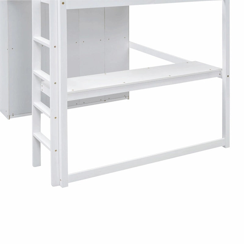 Full Size Loft Bed with Wardrobe, Desk, Storage Shelves, and Drawers