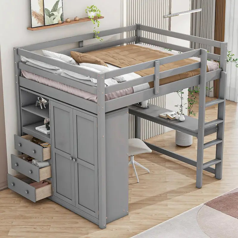 Full Size Loft Bed with Wardrobe, Desk, Storage Shelves, and Drawers