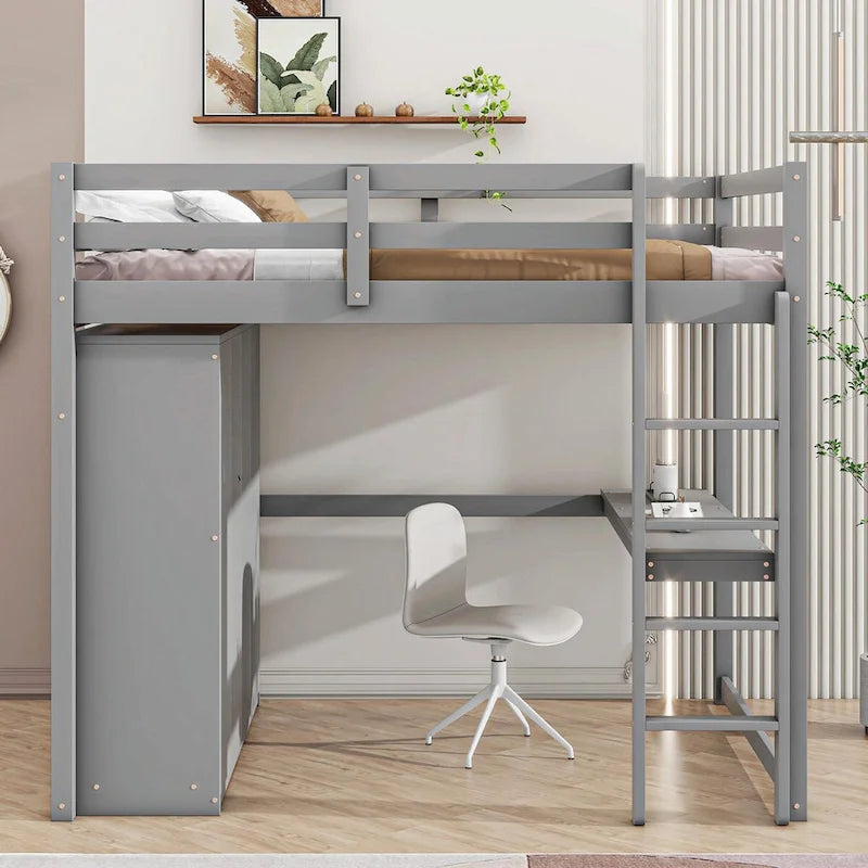 Full Size Loft Bed with Wardrobe, Desk, Storage Shelves, and Drawers