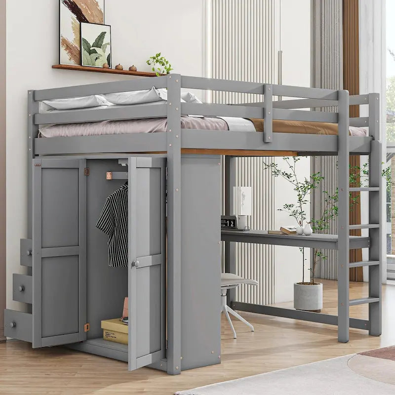 Full Size Loft Bed with Wardrobe, Desk, Storage Shelves, and Drawers