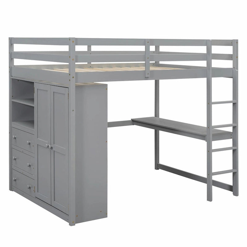Full Size Loft Bed with Wardrobe, Desk, Storage Shelves, and Drawers