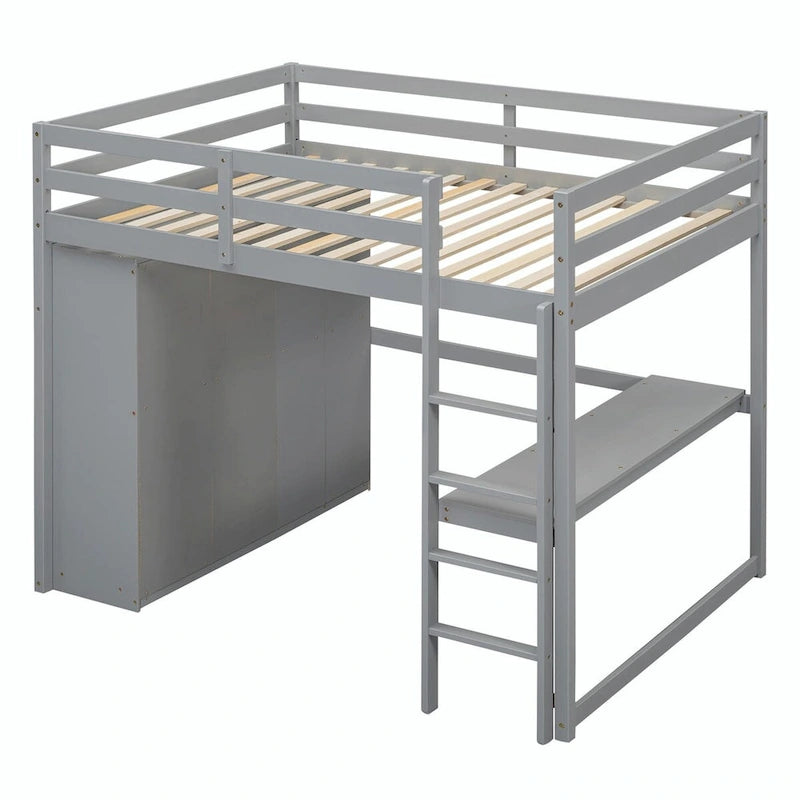 Full Size Loft Bed with Wardrobe, Desk, Storage Shelves, and Drawers