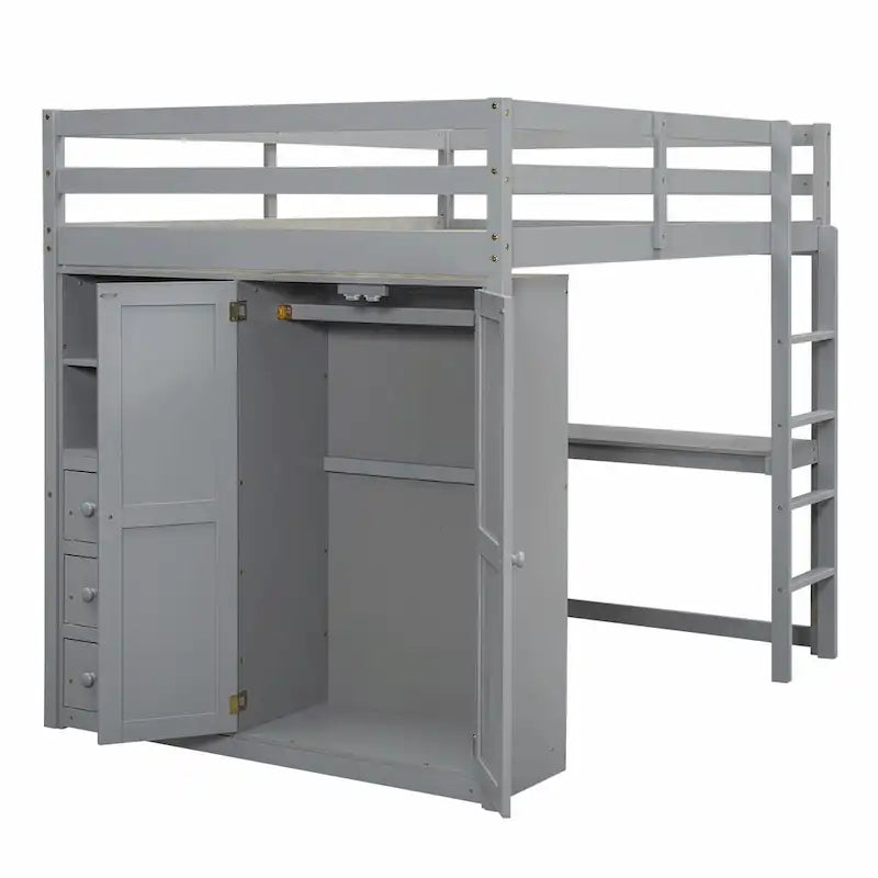 Full Size Loft Bed with Wardrobe, Desk, Storage Shelves, and Drawers