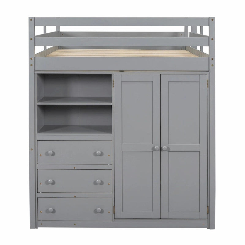 Full Size Loft Bed with Wardrobe, Desk, Storage Shelves, and Drawers