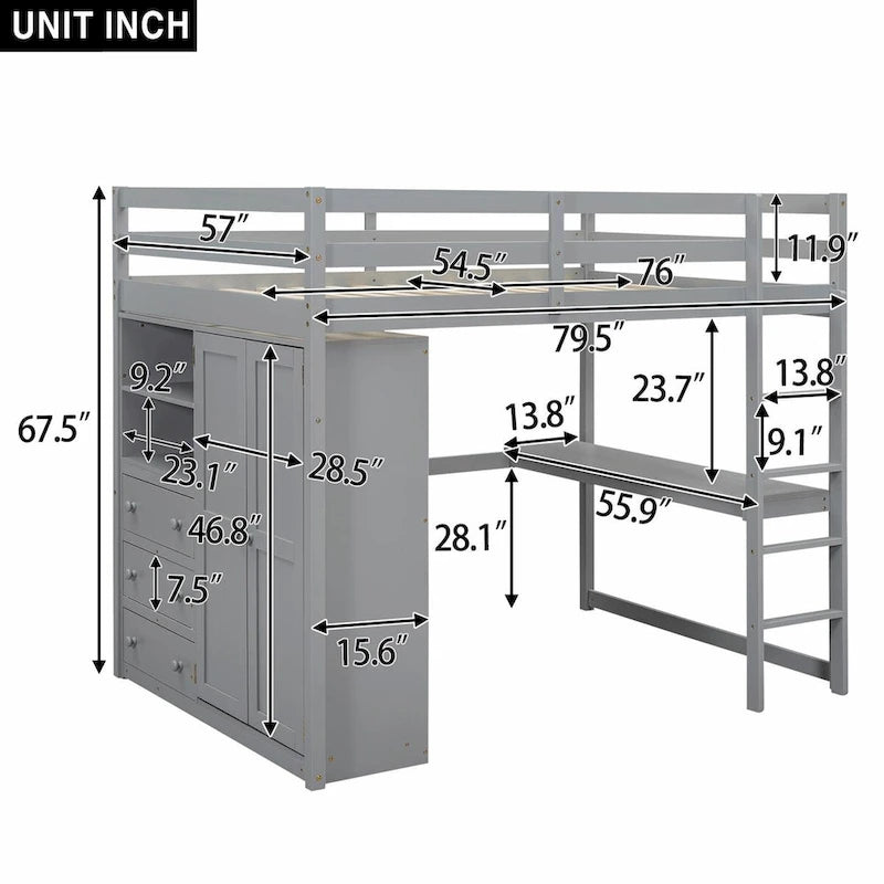 Full Size Loft Bed with Wardrobe, Desk, Storage Shelves, and Drawers