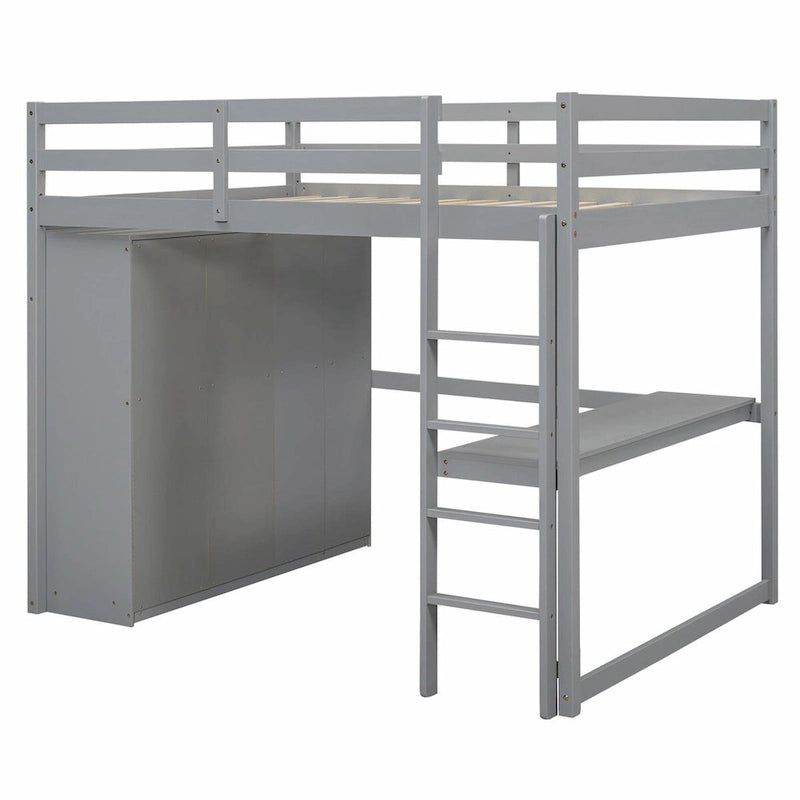 Full Size Loft Bed with Wardrobe, Desk, Storage Shelves, and Drawers
