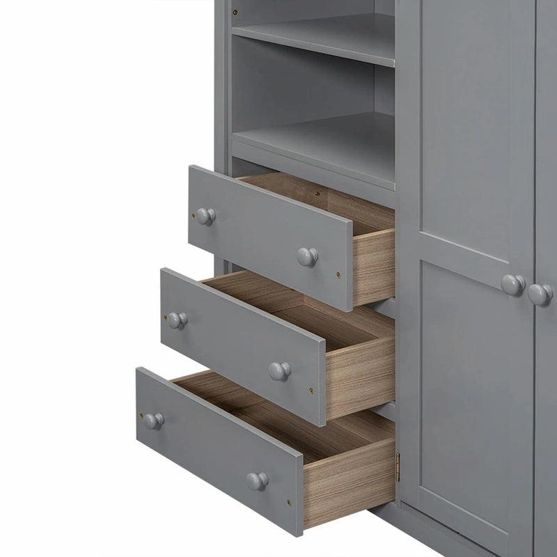 Full Size Loft Bed with Wardrobe, Desk, Storage Shelves, and Drawers
