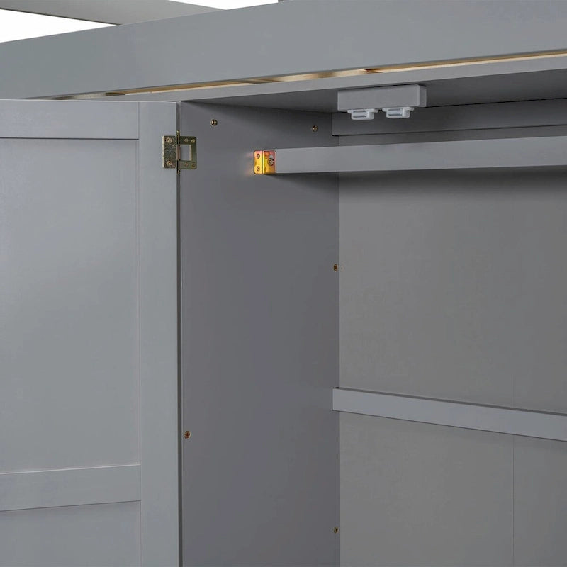 Full Size Loft Bed with Wardrobe, Desk, Storage Shelves, and Drawers