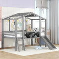 Twin Size Loft Bed with Ladder and Slide, Wood Slatted Frame House Bed with Blackboard and Light Strip on the Roof Design