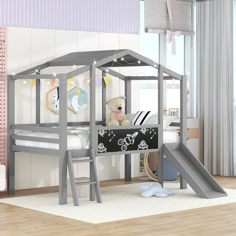 Twin Size Loft Bed with Ladder and Slide, Wood Slatted Frame House Bed with Blackboard and Light Strip on the Roof Design