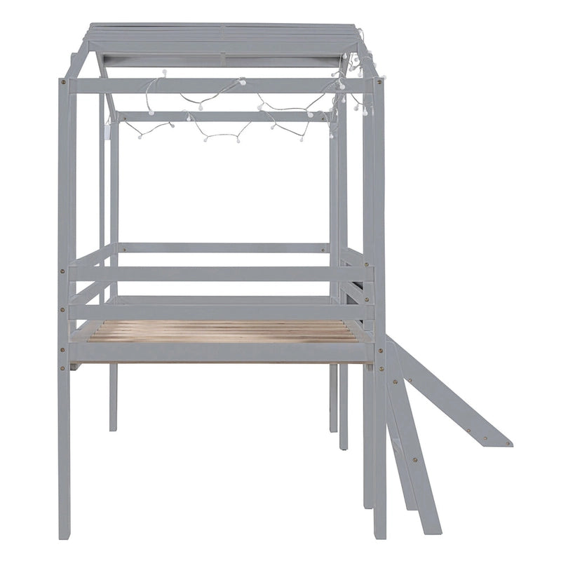 Twin Size Loft Bed with Ladder and Slide, Wood Slatted Frame House Bed with Blackboard and Light Strip on the Roof Design