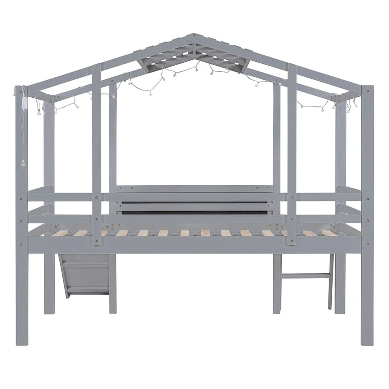 Twin Size Loft Bed with Ladder and Slide, Wood Slatted Frame House Bed with Blackboard and Light Strip on the Roof Design