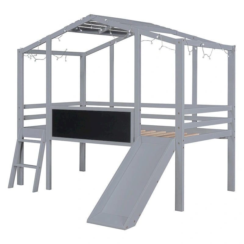 Twin Size Loft Bed with Ladder and Slide, Wood Slatted Frame House Bed with Blackboard and Light Strip on the Roof Design