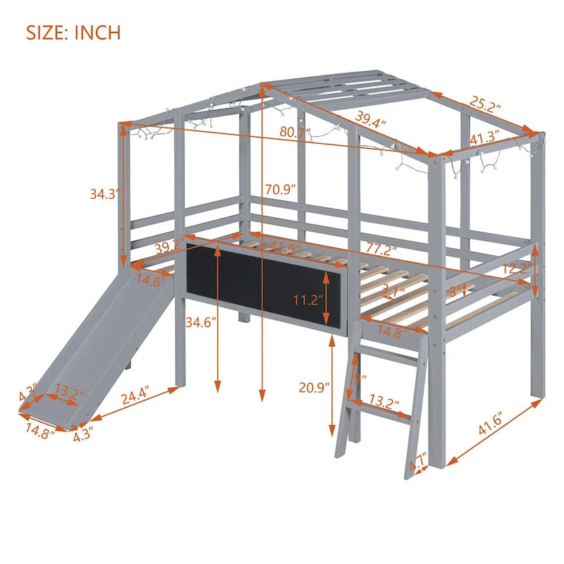 Twin Size Loft Bed with Ladder and Slide, Wood Slatted Frame House Bed with Blackboard and Light Strip on the Roof Design