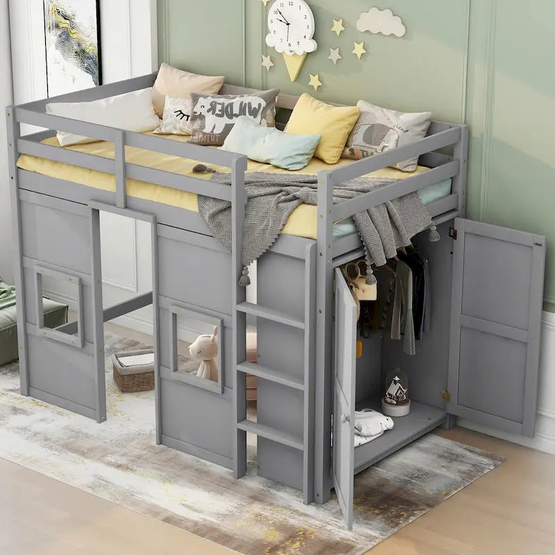 Twin Size Loft Bed with Built-in Storage Wardrobe and 2 Windows