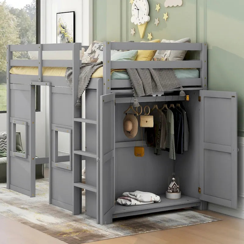 Twin Size Loft Bed with Built-in Storage Wardrobe and 2 Windows