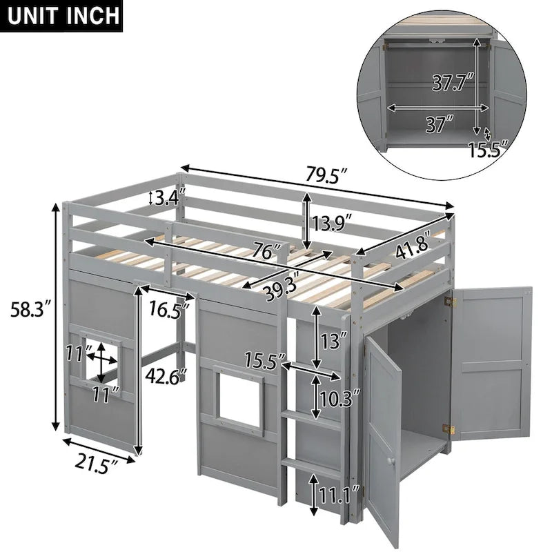 Twin Size Loft Bed with Built-in Storage Wardrobe and 2 Windows
