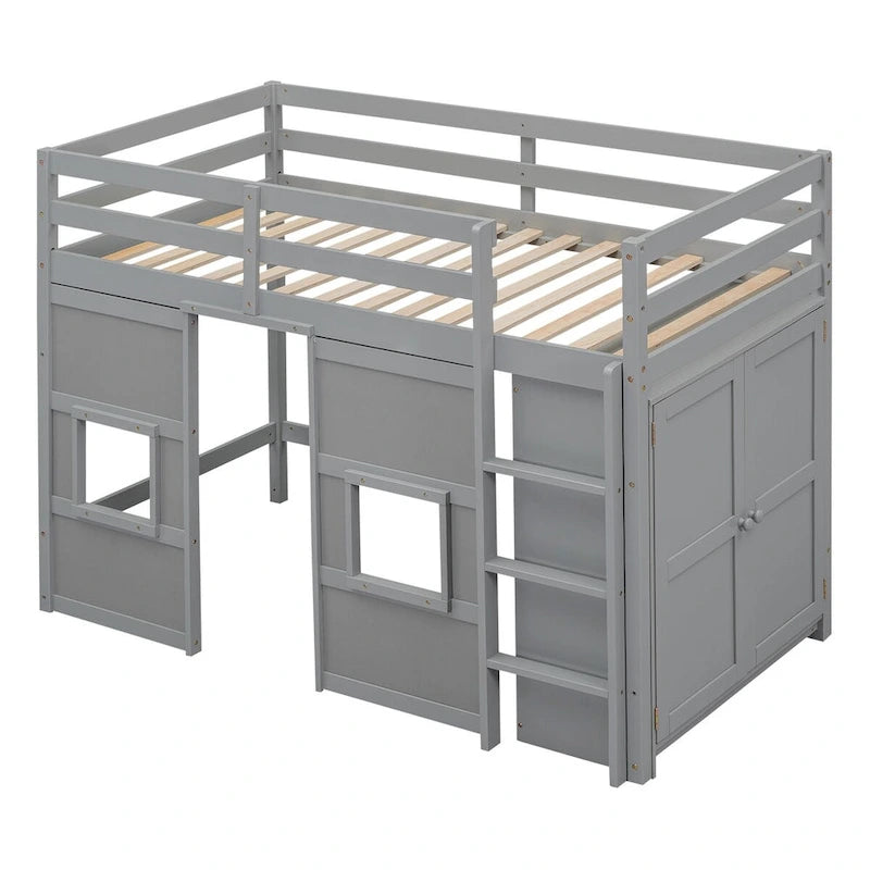Twin Size Loft Bed with Built-in Storage Wardrobe and 2 Windows