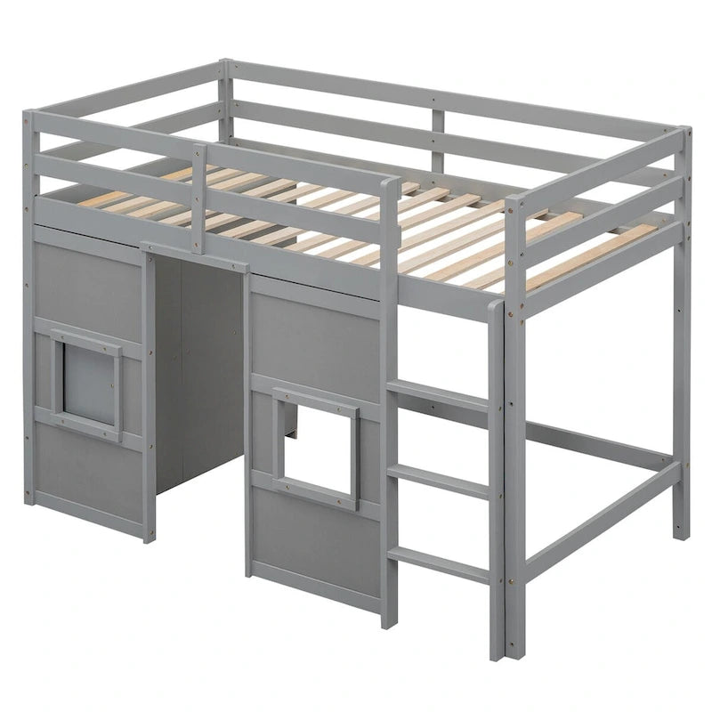Twin Size Loft Bed with Built-in Storage Wardrobe and 2 Windows