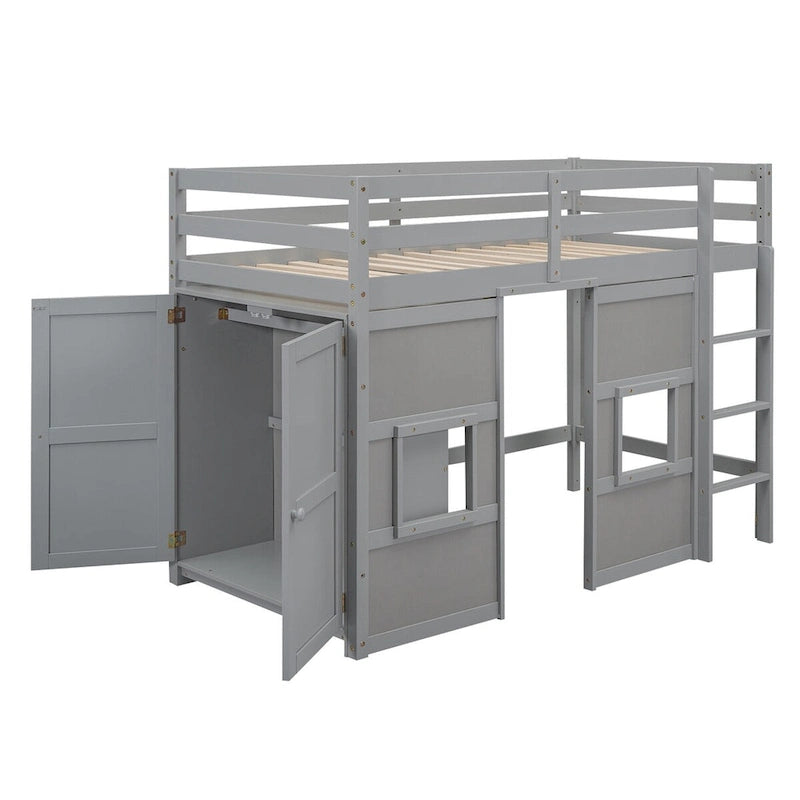 Twin Size Loft Bed with Built-in Storage Wardrobe and 2 Windows