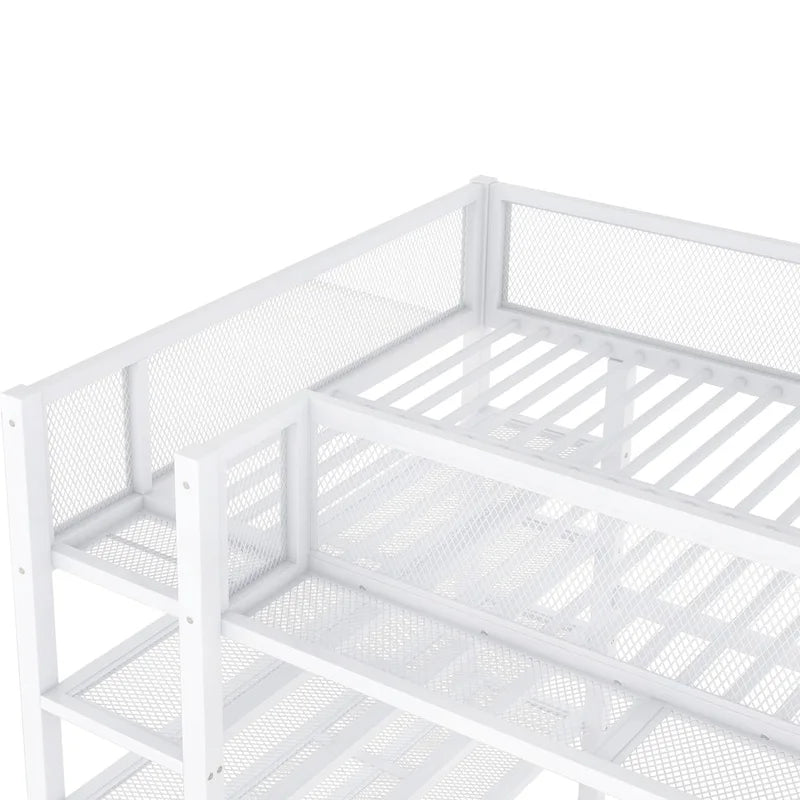 Full Size Metal Loft Bed with 4-Tier Shelves and Storage