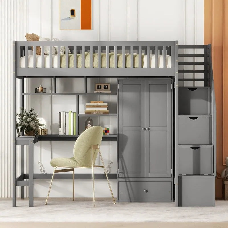 Twin size Loft Bed with Bookshelf,Drawers,Desk,and Wardrobe