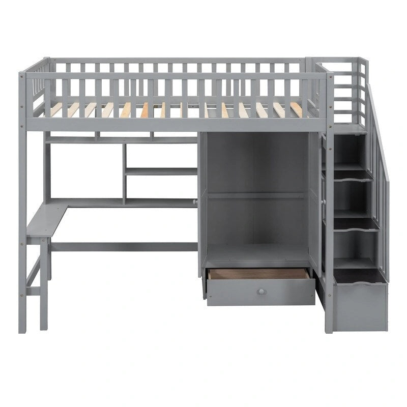 Twin size Loft Bed with Bookshelf,Drawers,Desk,and Wardrobe