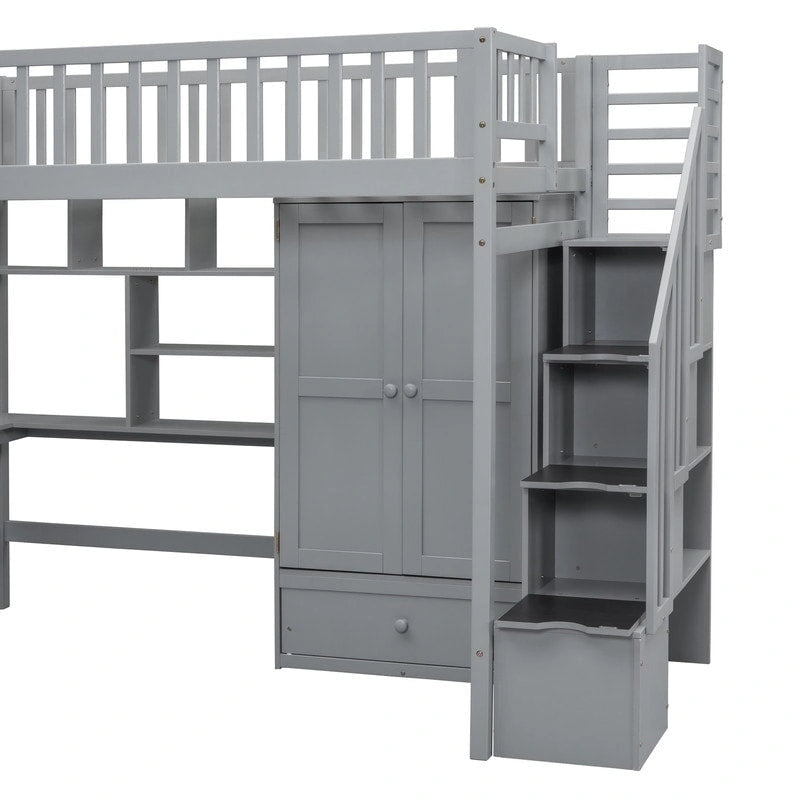 Twin size Loft Bed with Bookshelf,Drawers,Desk,and Wardrobe