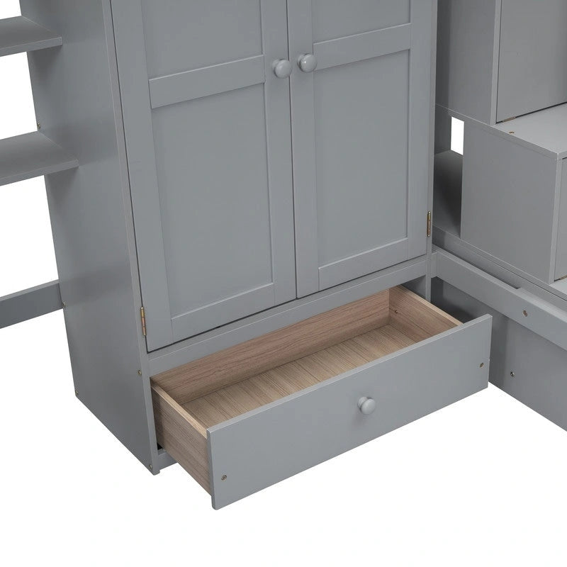 Twin size Loft Bed with Bookshelf,Drawers,Desk,and Wardrobe