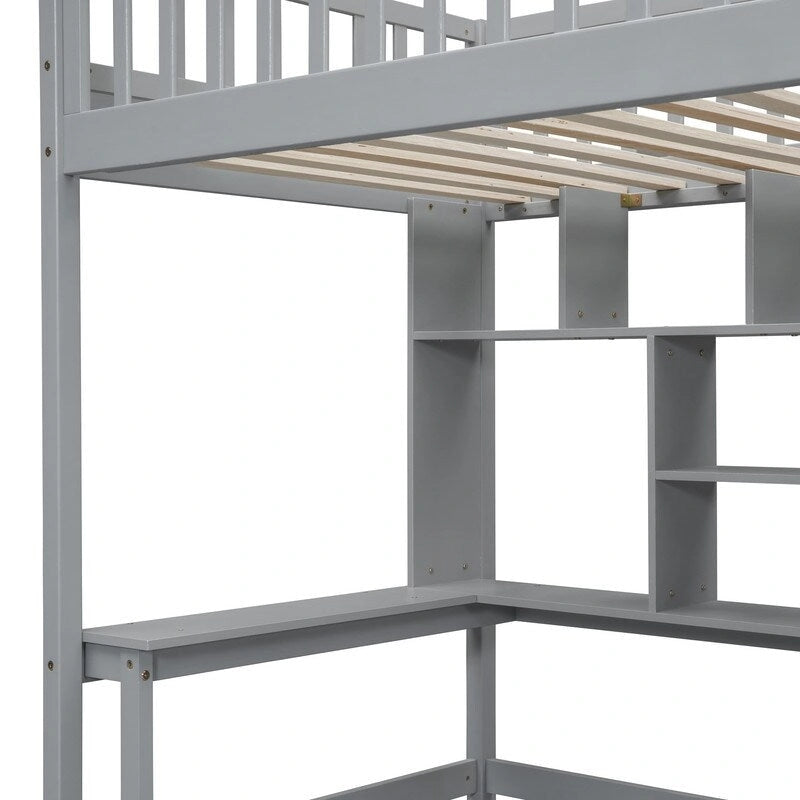Twin size Loft Bed with Bookshelf,Drawers,Desk,and Wardrobe