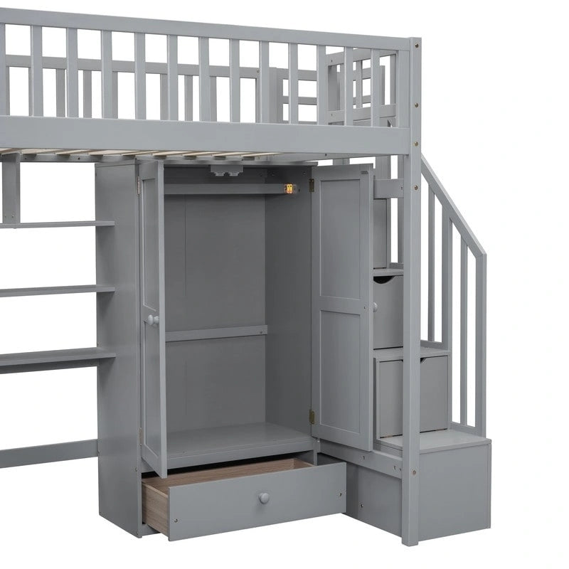 Twin size Loft Bed with Bookshelf,Drawers,Desk,and Wardrobe