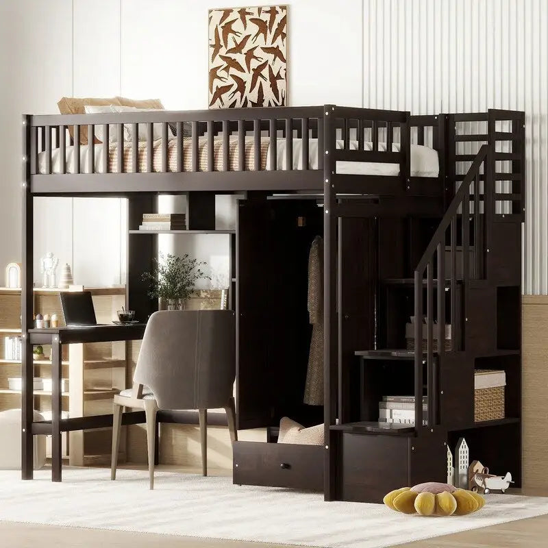 Twin size Loft Bed with Bookshelf,Drawers,Desk,and Wardrobe