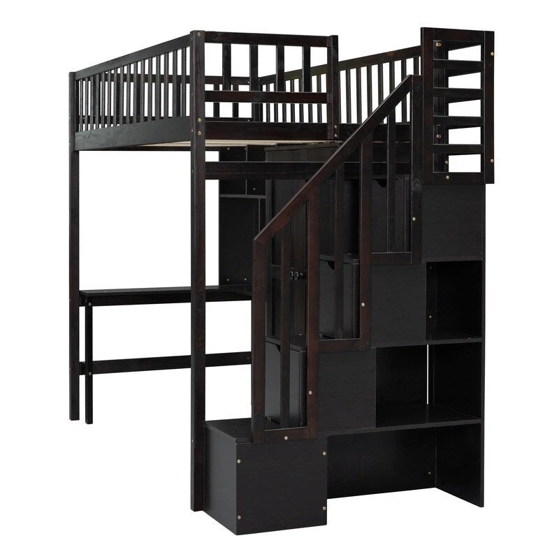 Twin size Loft Bed with Bookshelf,Drawers,Desk,and Wardrobe