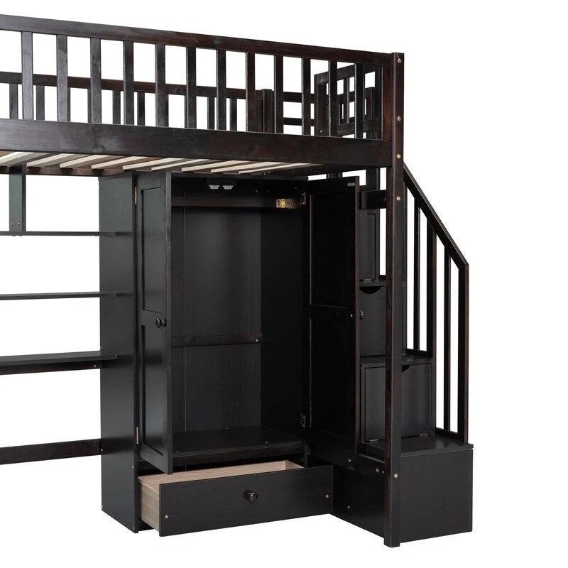 Twin size Loft Bed with Bookshelf,Drawers,Desk,and Wardrobe