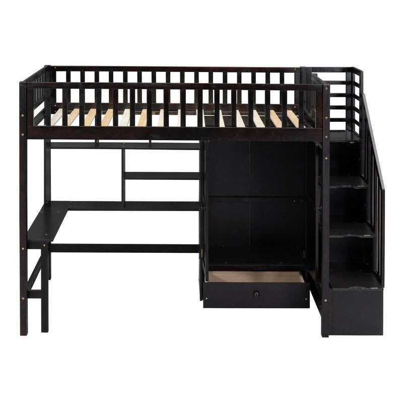 Twin size Loft Bed with Bookshelf,Drawers,Desk,and Wardrobe