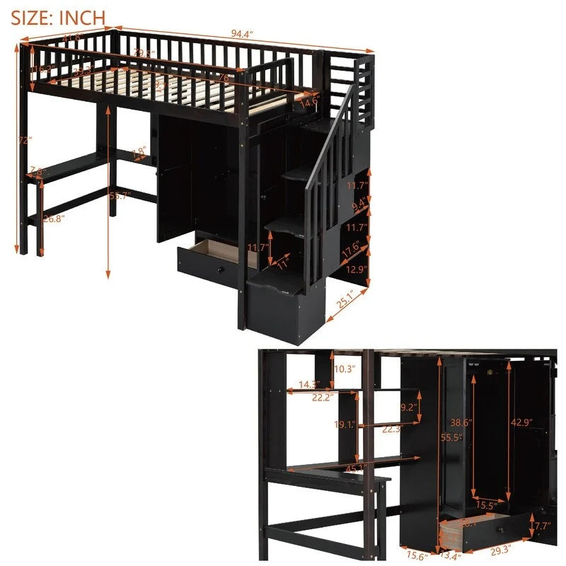 Twin size Loft Bed with Bookshelf,Drawers,Desk,and Wardrobe
